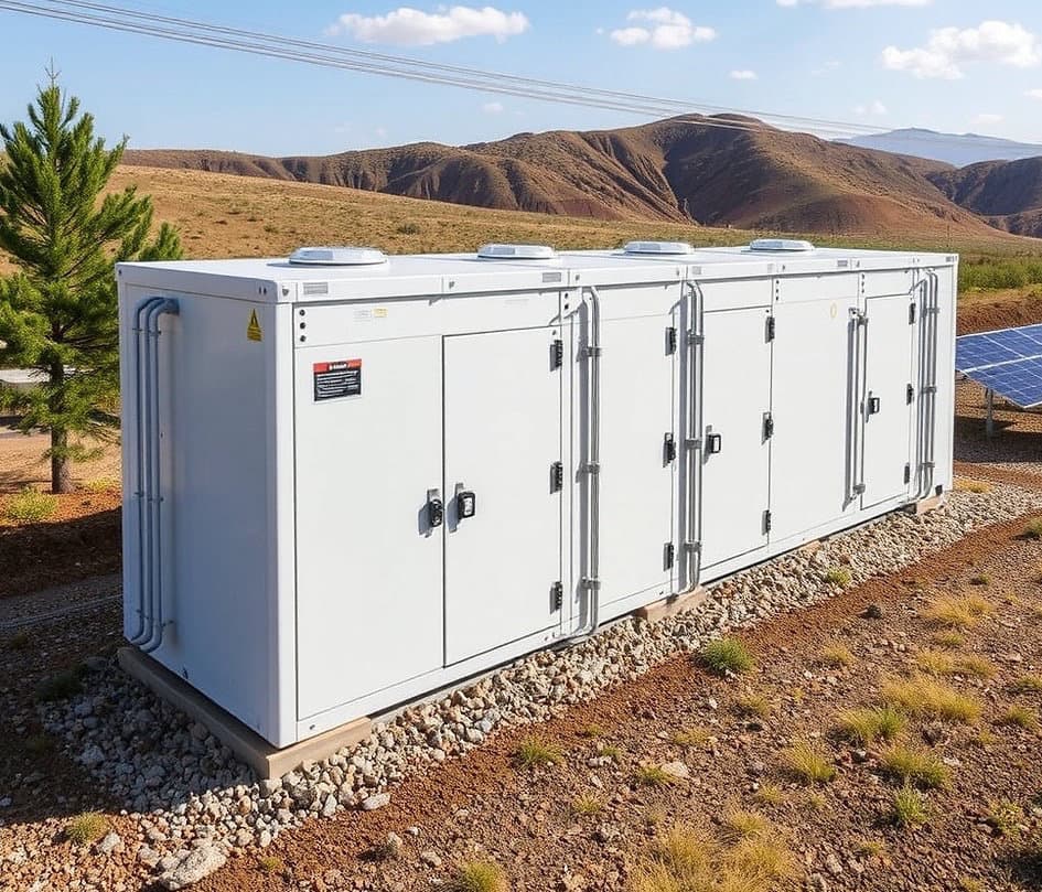 White 5MW community battery substation cabinets on a gravel pad with NSW hills and solar panels in the background